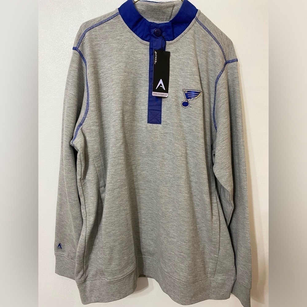 Antigua St Louis Blues Sweatshirt Adult XL Gray Blue Waffle Knit‎ Henley Pockets